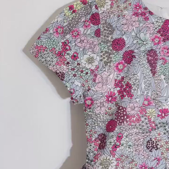 Liberty London Pink Grey Short Sleeve Sun Dress, Handmade Ditsy Cotton Floral Print Clothing