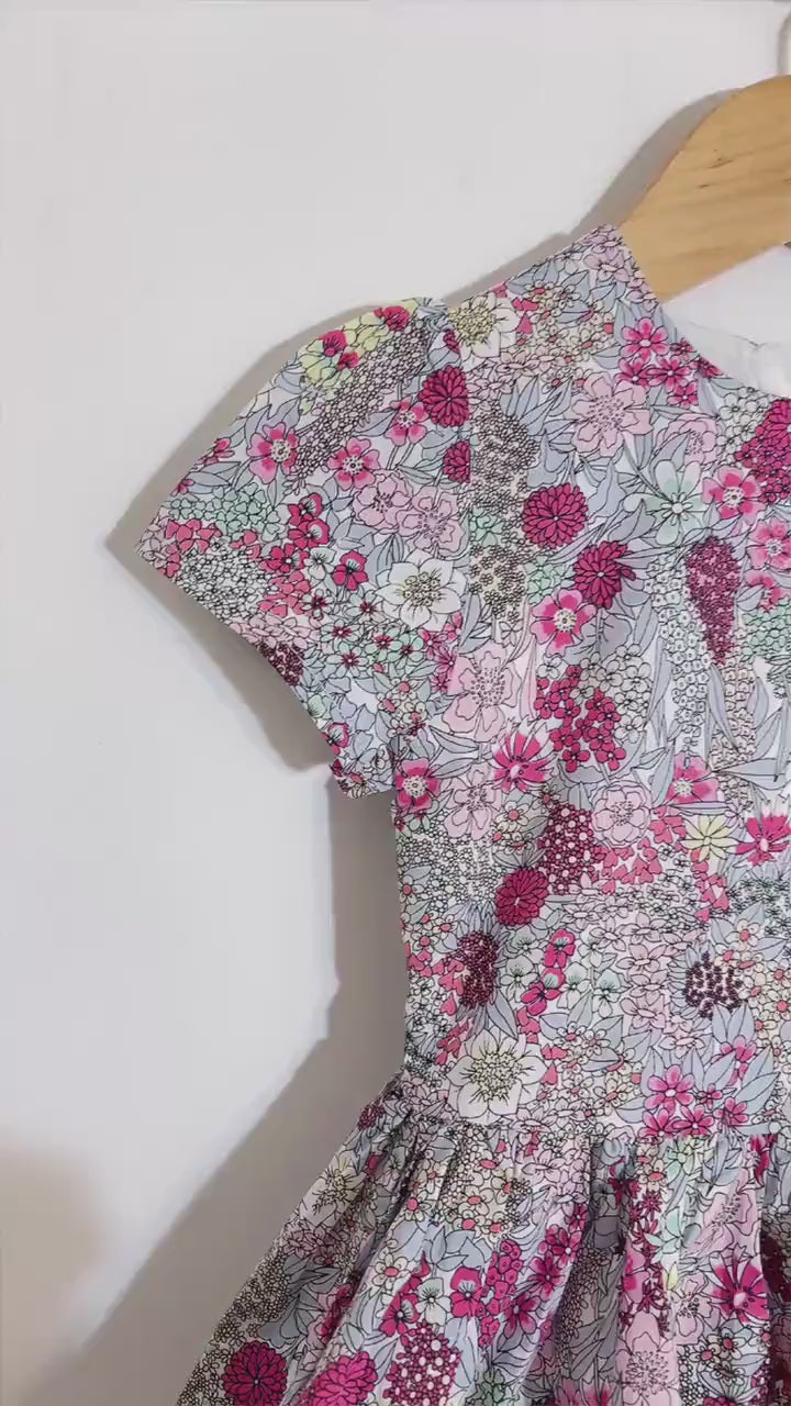 Liberty London Pink Grey Short Sleeve Sun Dress, Handmade Ditsy Cotton Floral Print Clothing