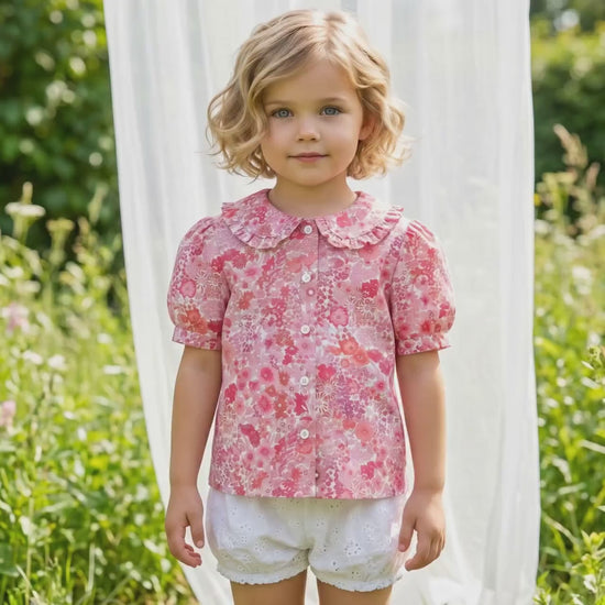 Liberty London Ruffle Peter-Pan Collared Short-sleeved Top, Handmade Sustainable Children Clothing, Customised Button-Up Blouse