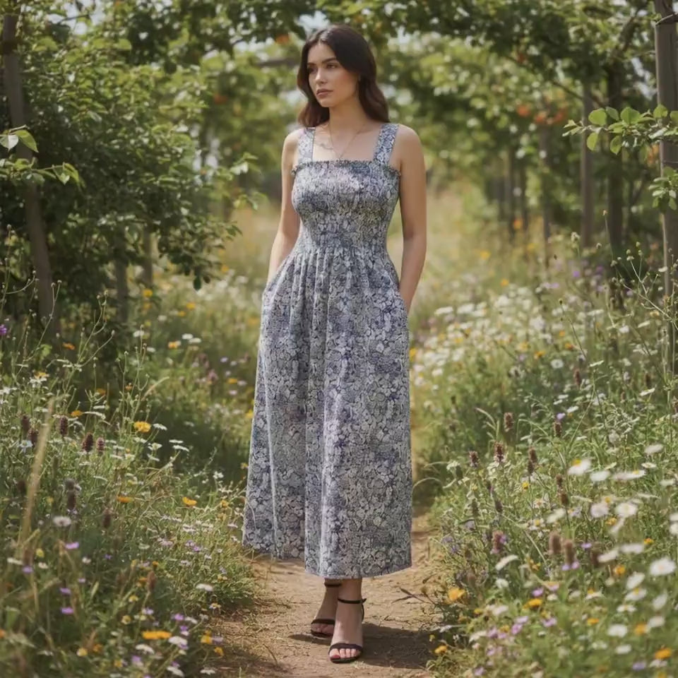 Liberty London Navy White Floral Print Smock Shirred Sun Dress, Cotton Handmade Beach Dress