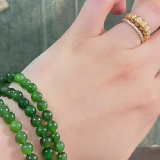 Russian Green Nephrite Jade Beaded Necklace, Natural Stone Accessories, Handmade Certified Men Women Jewellery
