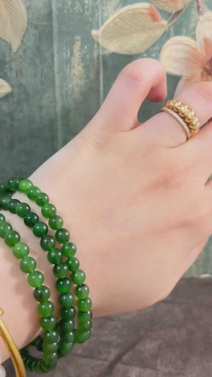 Russian Green Nephrite Jade Beaded Necklace, Natural Stone Accessories, Handmade Certified Men Women Jewellery