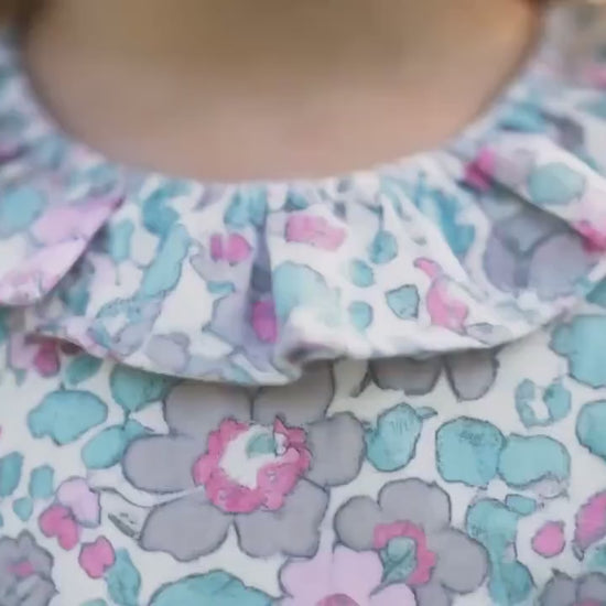 Liberty London Floral-Print Sleeveless Bubble Romper, Pierrot Collar Children-wear, Handmade Sustainable eco-friendly Floral-print Clothing