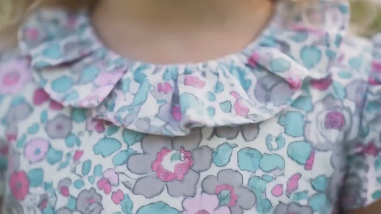 Liberty London Floral-Print Sleeveless Bubble Romper, Pierrot Collar Children-wear, Handmade Sustainable eco-friendly Floral-print Clothing