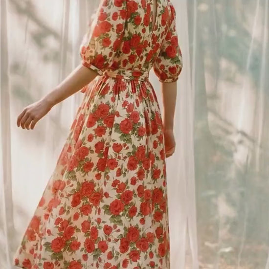 Liberty London Smock Puffed-Sleeves Midi-Length Sun Dress, Sustainable Handmade Womenswear, Botanical Floral-print Cotton Clothing