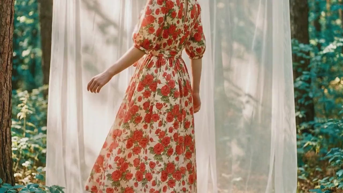 Liberty London Smock Puffed-Sleeves Midi-Length Sun Dress, Sustainable Handmade Womenswear, Botanical Floral-print Cotton Clothing