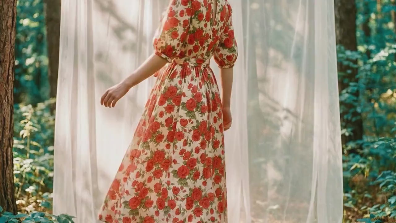 Liberty London Smock Puffed-Sleeves Midi-Length Sun Dress, Sustainable Handmade Womenswear, Botanical Floral-print Cotton Clothing