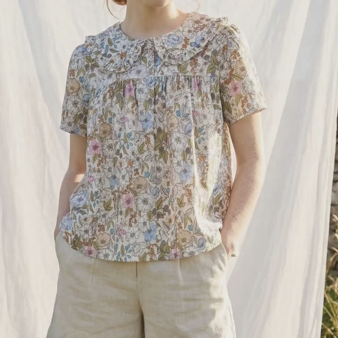 Liberty London Smock Peter-Pan Collared Short-sleeved Button-up Blouse, Handmade Cotton Clothing, Sustainable Botanical Womenswear
