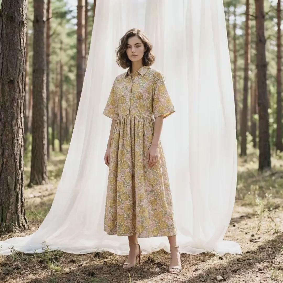 Liberty London Collared Kimono Sleeves Shirtdress, Handmade Botanical Womenswear, Sustainable Slow-fashioned Clothing, Personalised Dress