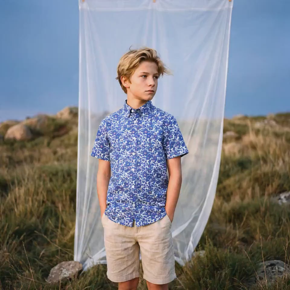 Liberty London Short-sleeved Button-up Shirt, Handmade Botanical Cotton Chemise, Sustainable Personalised Clothing, Customised Children-wear