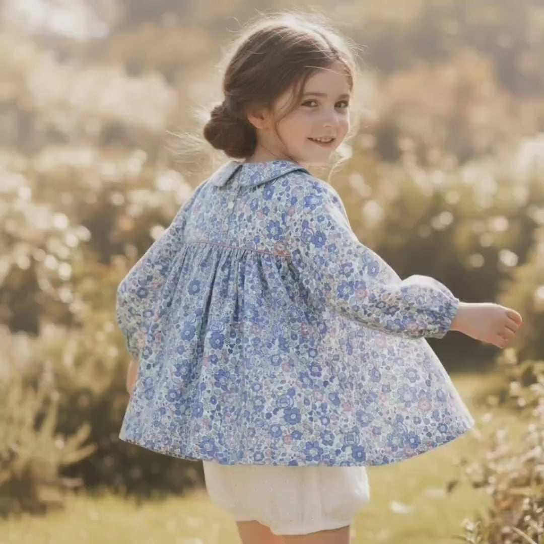 Liberty London Peter Pan Collar Smock Top, Long Sleeves Blue Betsy Floral Print Blouse