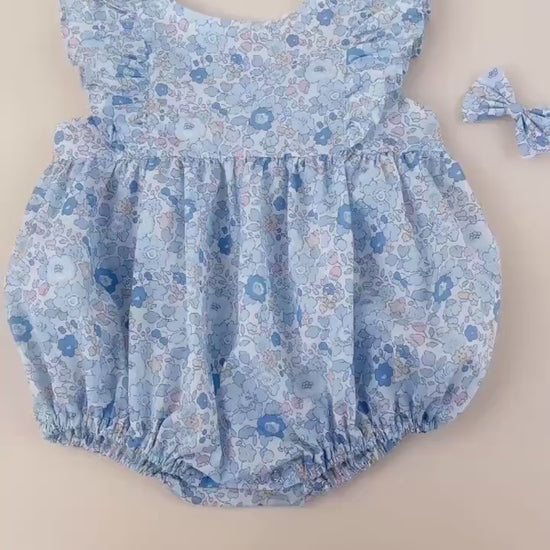 Liberty London Blue Bubble Playsuit Romper, Floral Print Cotton Tana Lawn Sleeveless Handmade Sunsuit