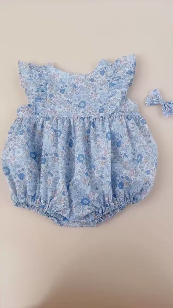 Liberty London Blue Bubble Playsuit Romper, Floral Print Cotton Tana Lawn Sleeveless Handmade Sunsuit