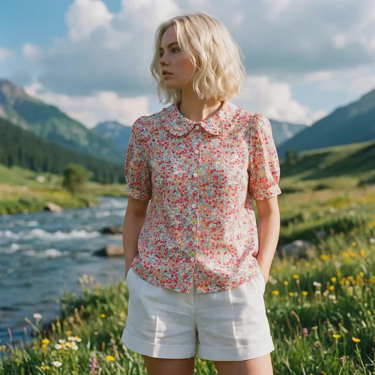 Liberty London Frilled Peter-Pan Collared Handmade Blouse, Button-up Puffed-Sleeves Chemise, Sustainable Tailoring Slow-fashioned Top