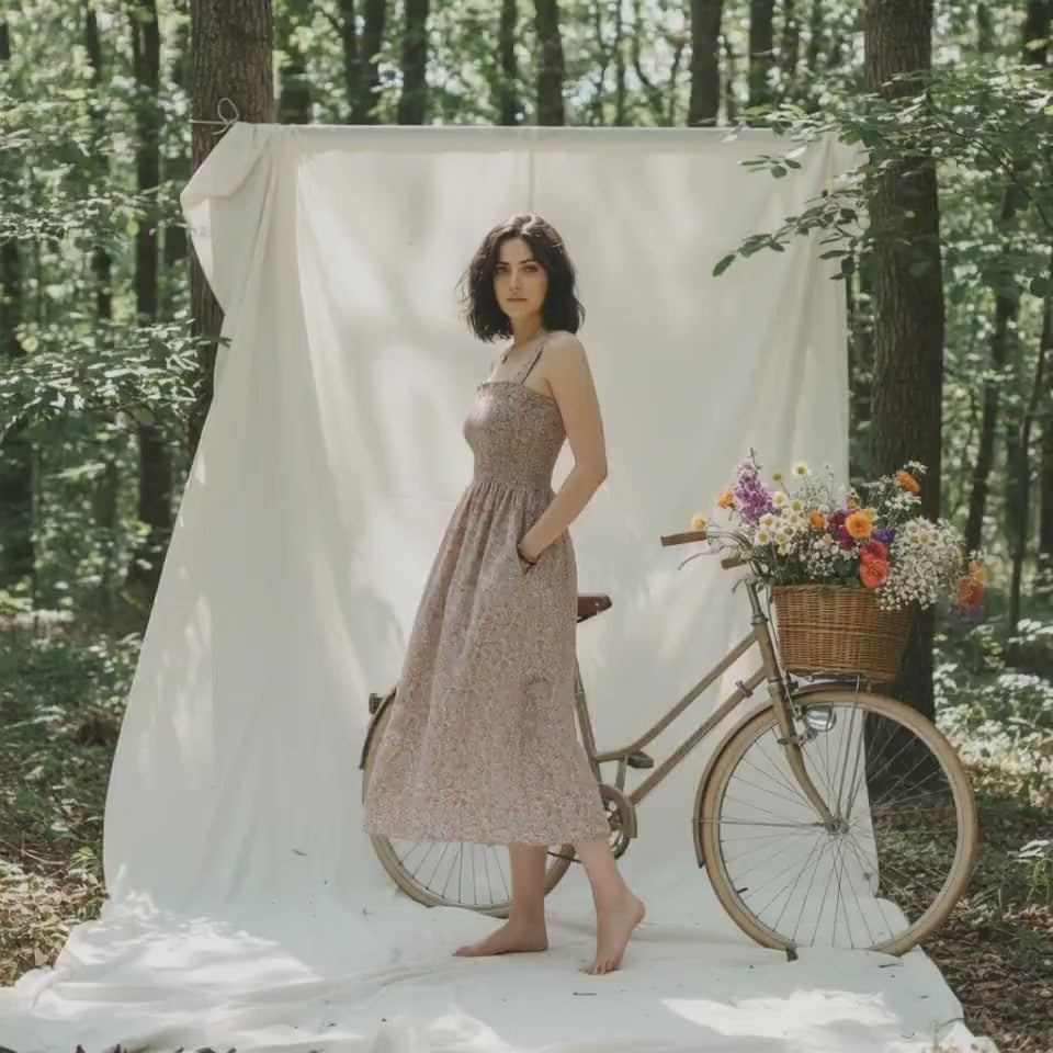 Liberty London Smock Shirred Midi Sun Dress, Handmade Floral Print Cotton Tana Lawn Clothing