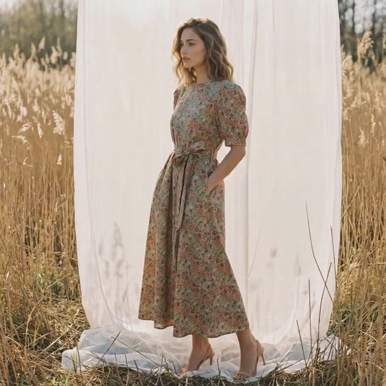 Liberty London Smock Puffed-Sleeves Midi-Length Sun Dress, Sustainable Handmade Womenswear, Botanical Floral-print Cotton Clothing