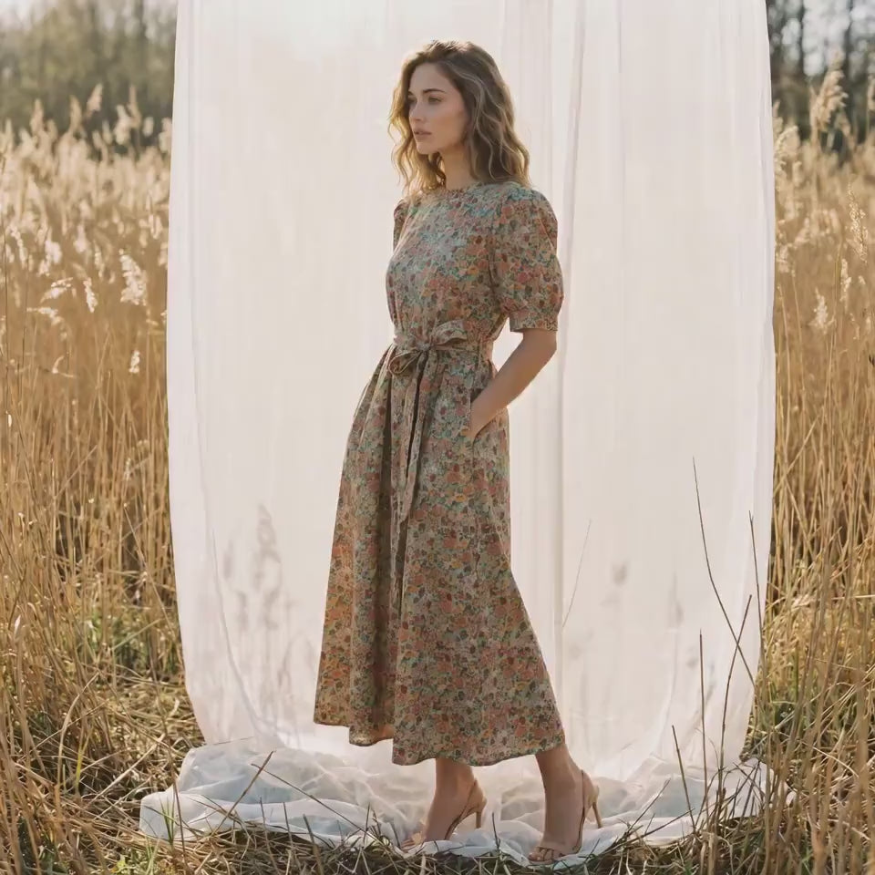 Liberty London Smock Puffed-Sleeves Midi-Length Sun Dress, Sustainable Handmade Womenswear, Botanical Floral-print Cotton Clothing