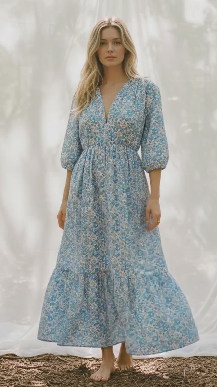 Liberty London Floral Maxi Dress, Blue Pink Ditsy Cotton Tana Lawn Gown, 3/4 Sleeve