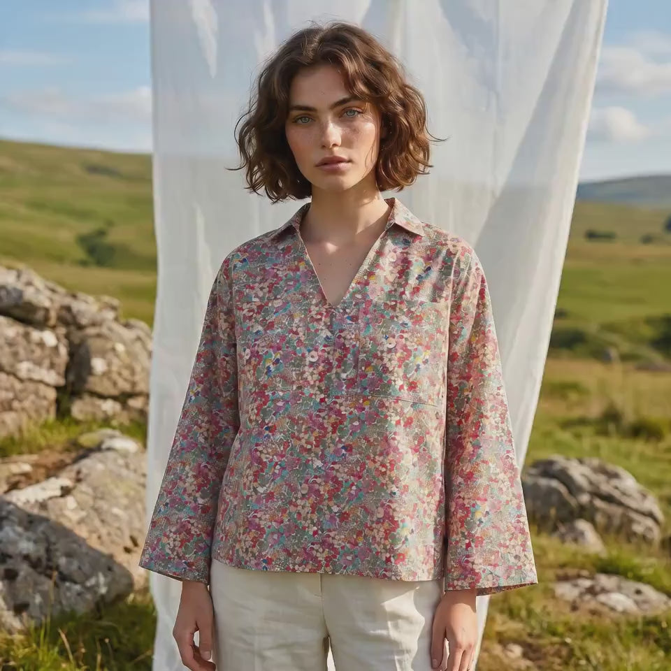 Liberty London Kimono Pop-Up Shirt, Long-sleeved Collared Top, Personalised Sustainable Clothing, Botanical Cotton Womenswear