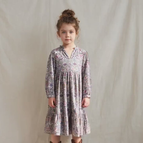 Liberty London Smock Boho Midi Puffed Long Sleeves Dress, Heirloom Wedding Flower Girl Gown
