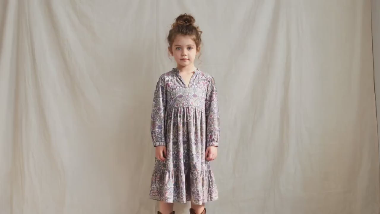 Liberty London Smock Boho Midi Puffed Long Sleeves Dress, Heirloom Wedding Flower Girl Gown