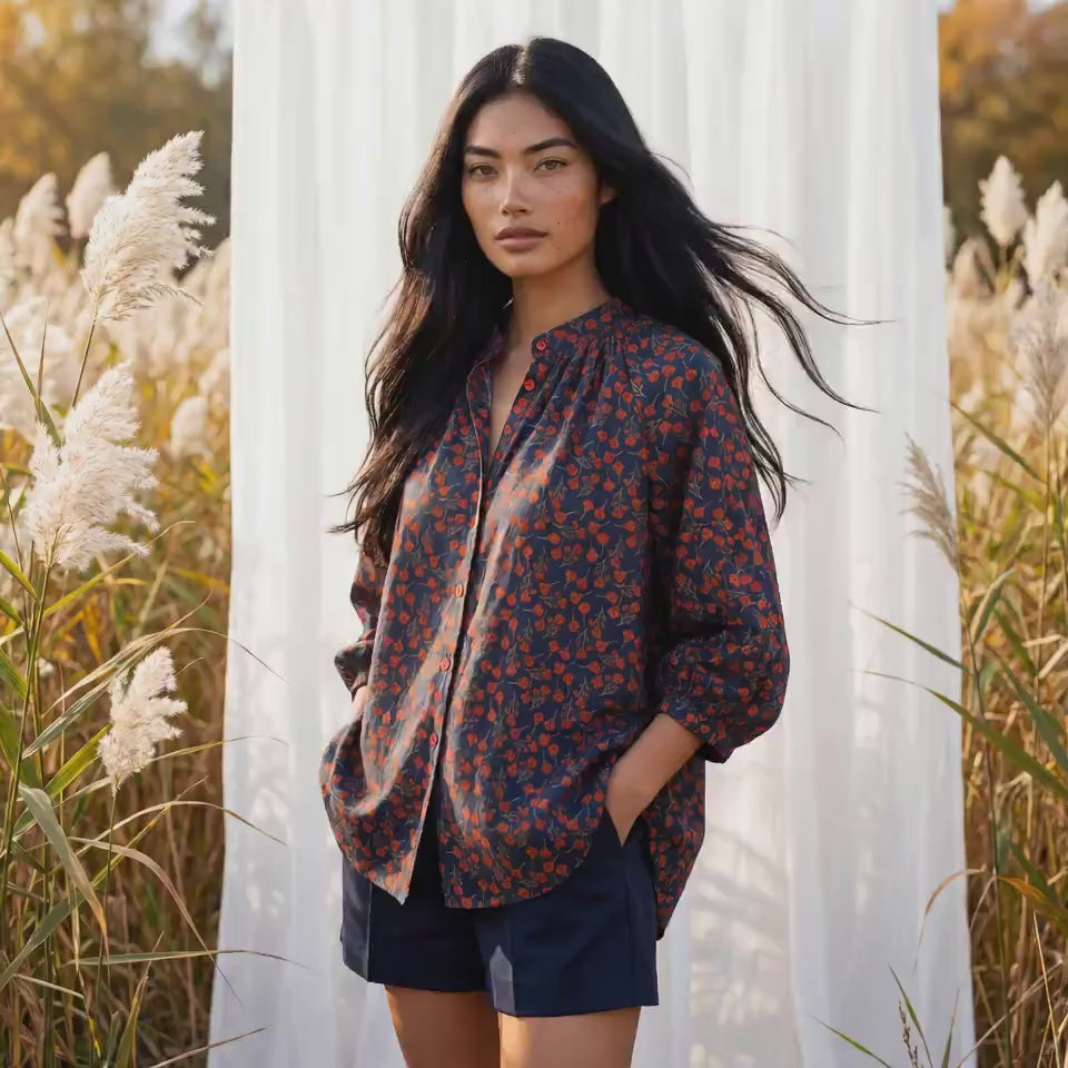 Liberty London Blouse, Raglan 3/4 Sleeves Top, Mandarin Collar Shirt, Handmade Botanical Clothing, Sustainable Personalised Cotton Wear
