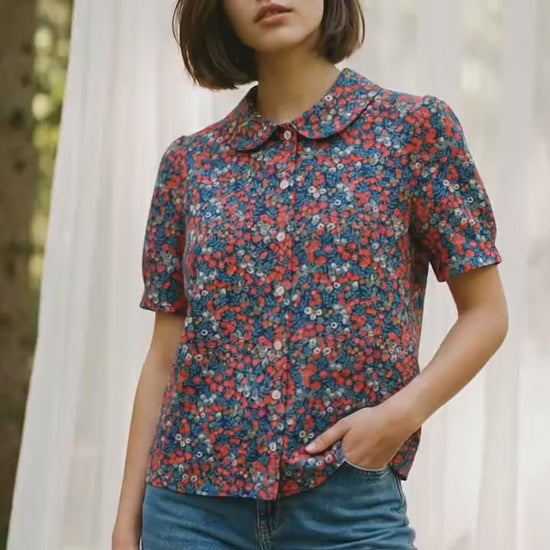 Liberty London Peter-Pan Collared Blouse, Floral-print Cotton Puffed-sleeves Button-up Shirt, Handmade Botanical Cotton Womenswear