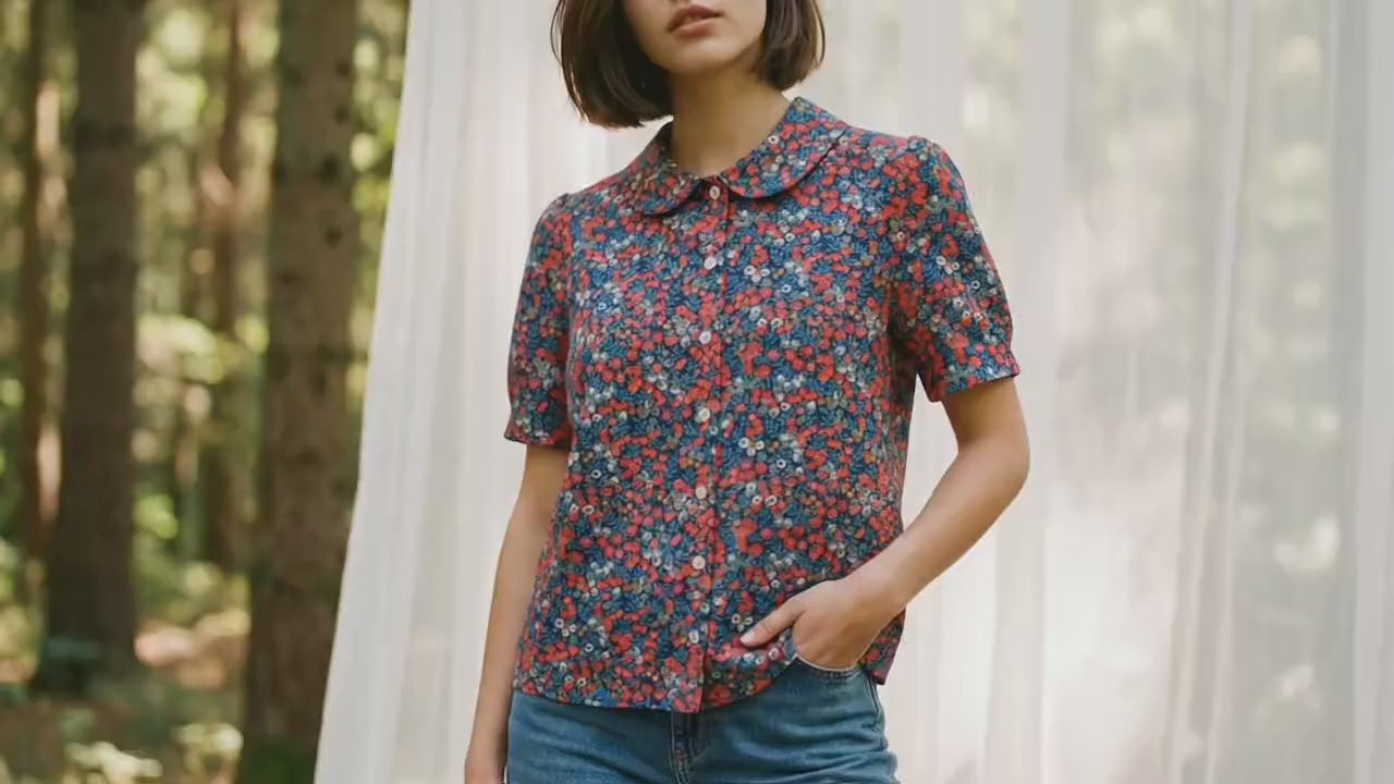 Liberty London Peter-Pan Collared Blouse, Floral-print Cotton Puffed-sleeves Button-up Shirt, Handmade Botanical Cotton Womenswear