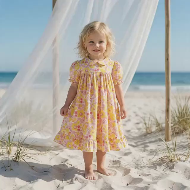 Liberty London Smock Peter-Pan Collared Short-sleeved Dress, Personalised Handmade Children-wear, Sustainable Ethical Cotton Clothing