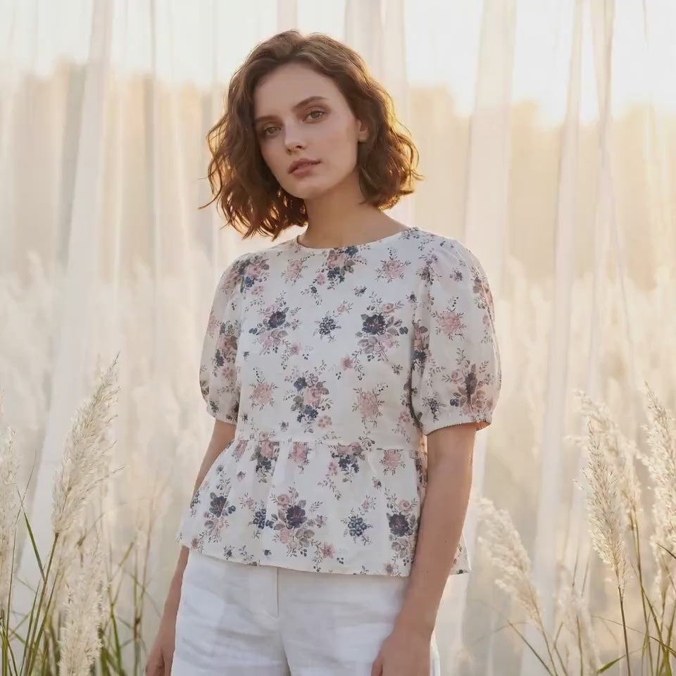 Liberty London Peplum Blouse, Handmade Botanical Sustainable Clothing, Puffed Short-sleeved Top, Personalised Tailoring Womenswear