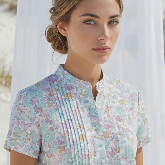 Liberty London Pin-tuck Mandarin Collar Blouse, Short Sleeves Button-up Shirt, Handmade Personalised Cotton Top