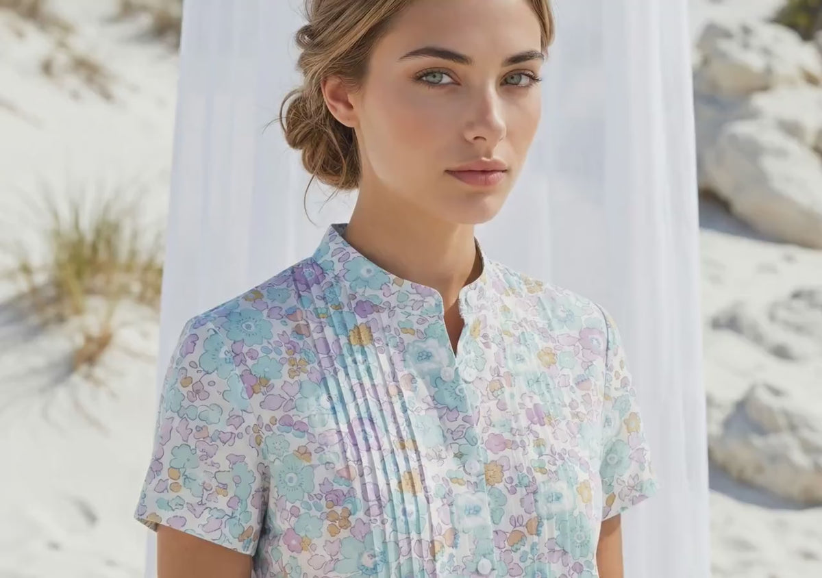 Liberty London Pin-tuck Mandarin Collar Blouse, Short Sleeves Button-up Shirt, Handmade Personalised Cotton Top