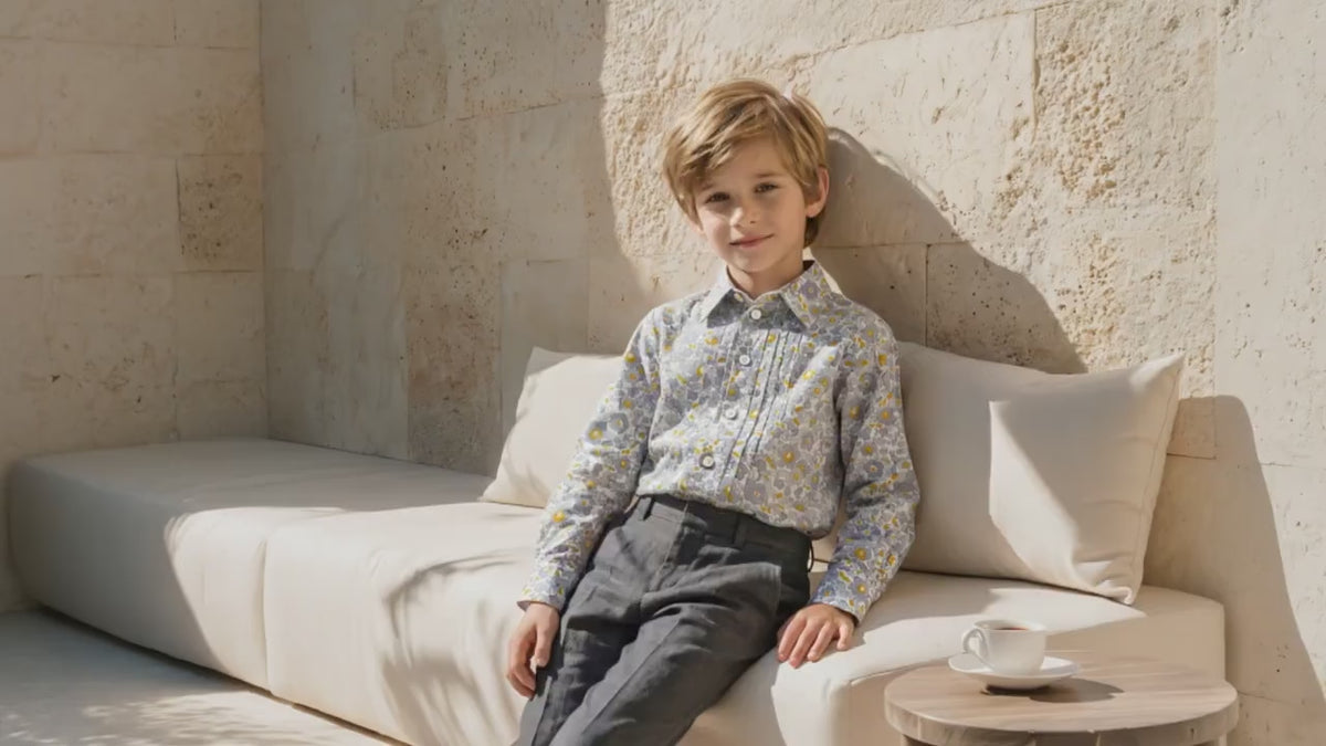 Boys Liberty London Ditsy Floral Cotton Shirt, Mustard Grey White Long Sleeve Top