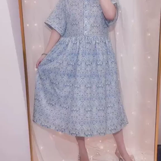 Liberty London Midi Shirt Dress, Kimono Half Sleeves Gown, Handmade Botanical Floral Print Dress