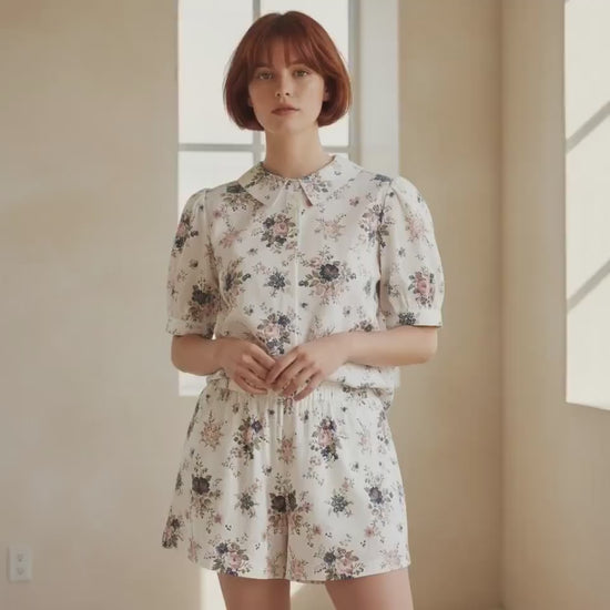 Liberty London Floral-print Loungewear Short-sleeved Blouse Shorts, Handmade Button-up Botanical Shirt, Sustainable Eco-friendly Clothing