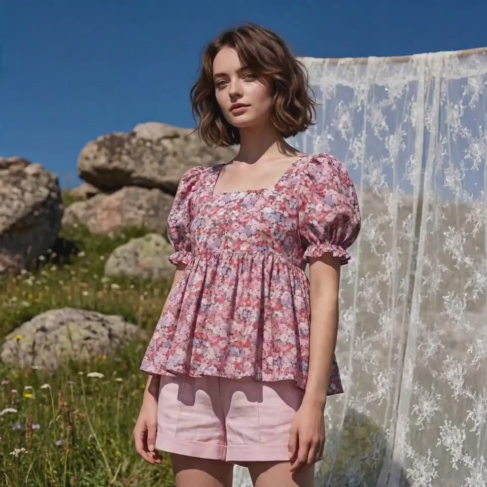 Liberty London Peplum Blouse, Square Neck Short-sleeved Top, Handmade Sustainable Cotton Clothing, Personalised Womenswear