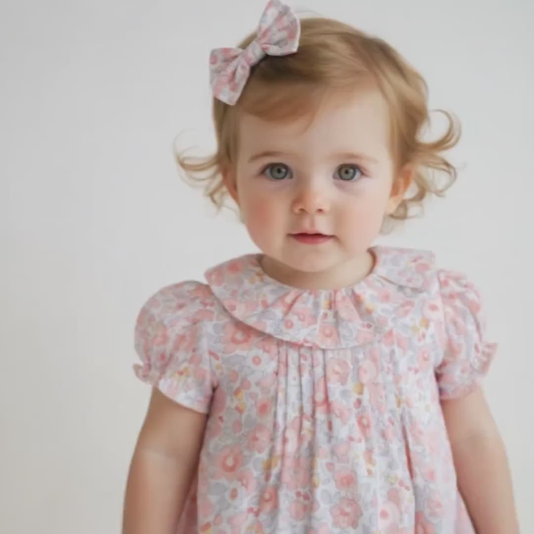 Liberty London Heirloom Children-wear, Pierrot Ruffle Collared Short-Sleeved Bubble Romper, Handmade Sustainable Ethical Clothing
