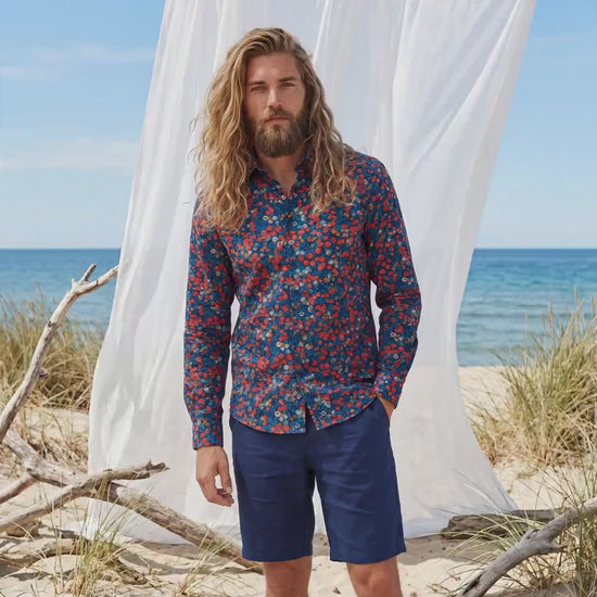 Liberty London Long-sleeved Button-up Shirt, Personalised Menswear, Tailoring Chemise, Sustainable Cotton Clothing, Botanical Design