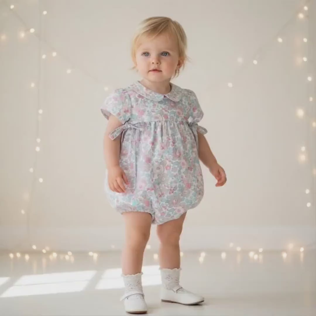 Liberty London Floral Bubble Romper, Pastel Pink Blue, Peter Pan Collar Sunsuit