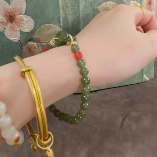 Icy Green Natural Nephrite Bracelet, Beaded Stone Accessories, Ritual Healing Bohemian Style, Handmade Accessories