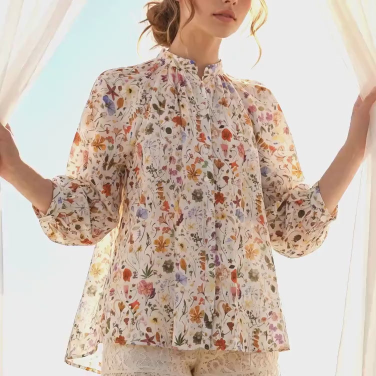 Liberty London Mandarin Collared Blouse, Bespoke Raglan 3/4 Sleeves Top, Handmade Botanical Shirt, Sustainable Personalised Cotton Clothing