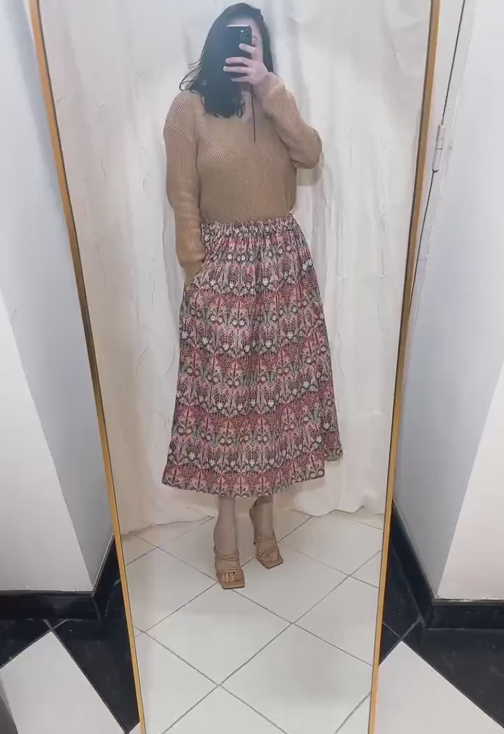 Midi Floral Liberty London A-Line Skirt: Elastic Waist Flare Skirt, Ditsy Botanical Print