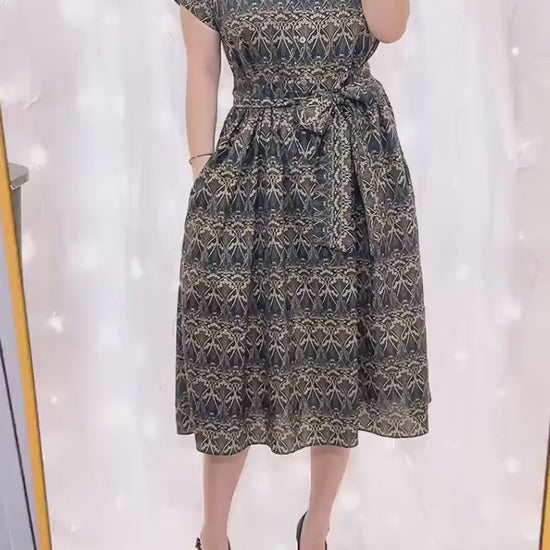 Liberty London Midi Shirt Dress, Drop Shoulder Short Sleeves Navy Gold Print Handmade Clothing