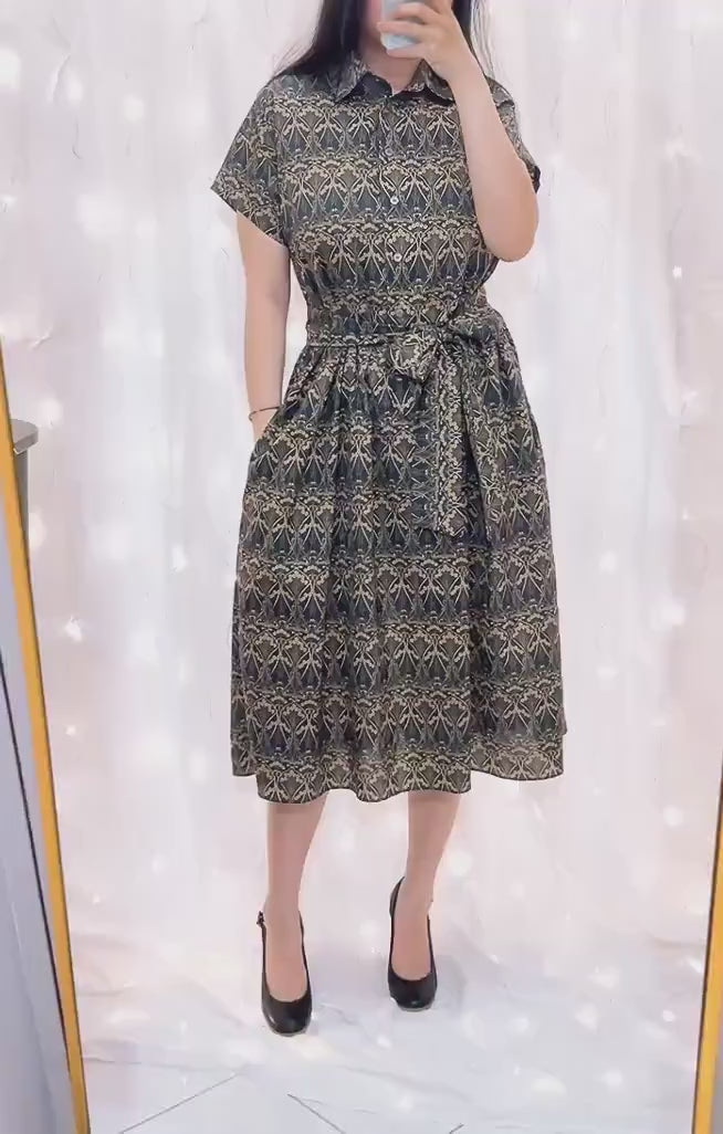 Liberty London Midi Shirt Dress, Drop Shoulder Short Sleeves Navy Gold Print Handmade Clothing