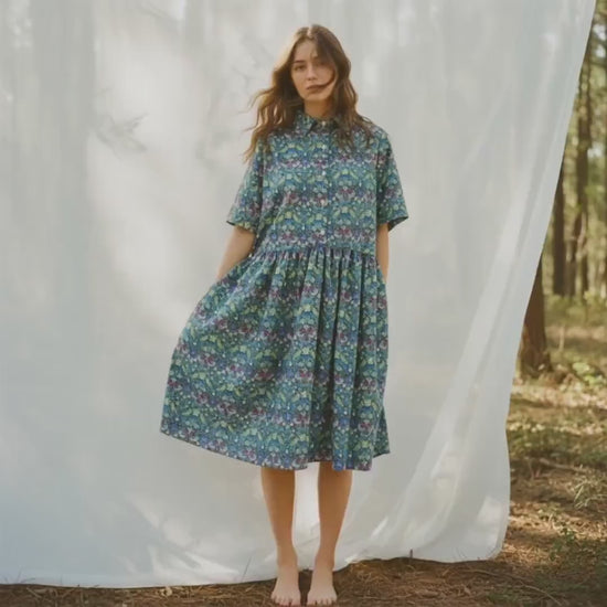 Liberty London Short Sleeves Shirt Dress, Handmade Strawberry Thief Cotton Tana Lawn Midi Dress