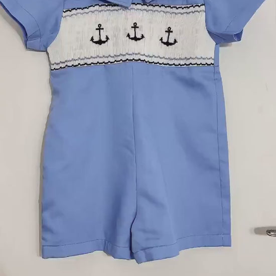 Easter Blue Smock Cotton Romper, Peter Pan Collar Short Sleeves Overalls, Sailor Print Playsuit