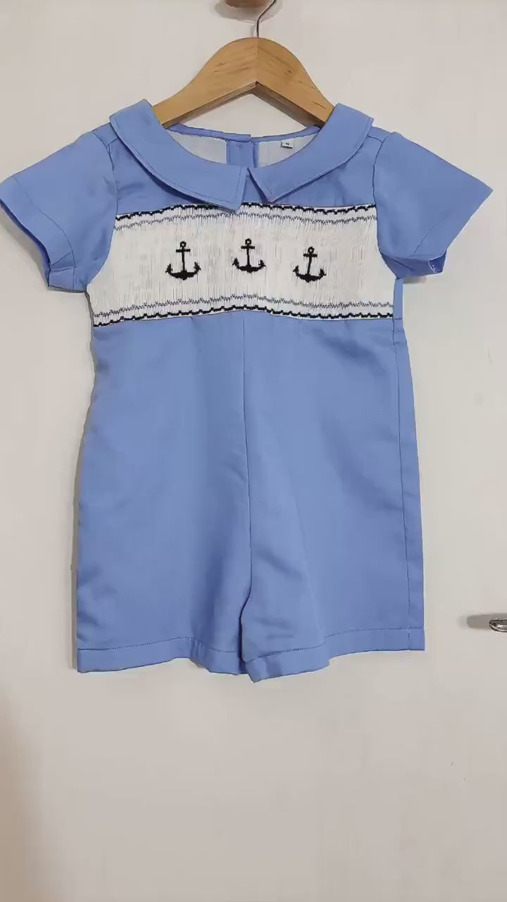 Easter Blue Smock Cotton Romper, Peter Pan Collar Short Sleeves Overalls, Sailor Print Playsuit