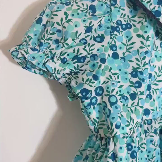 Liberty London Floral Print Blue Bubble Romper, Peter Pan Collar Short Sleeves Handmade Sunsuit