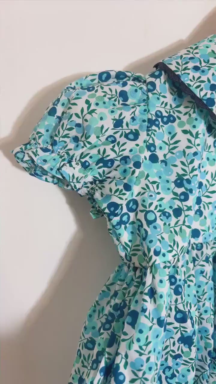 Liberty London Floral Print Blue Bubble Romper, Peter Pan Collar Short Sleeves Handmade Sunsuit