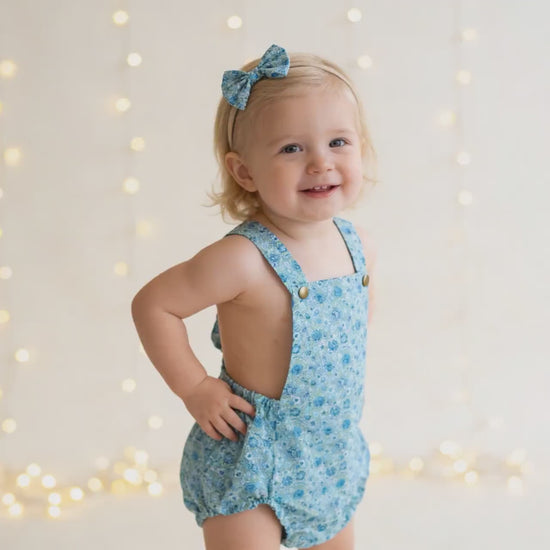 Liberty London Bubble Romper Sunsuit, Green Blue Floral Print Suspender Playsuit, Handmade Cotton Clothing